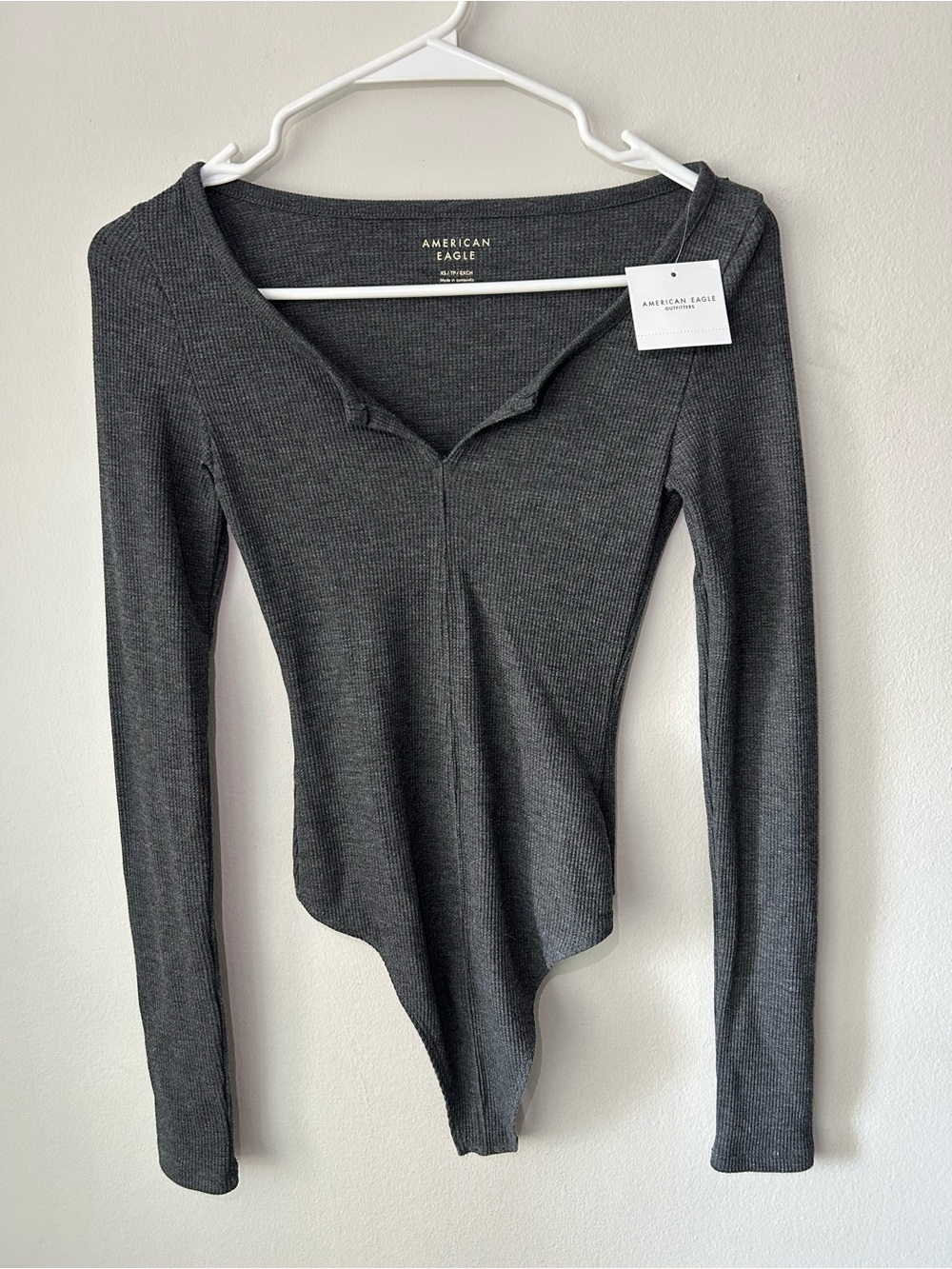 American Eagle Outfitters Dark Charcoal Ribbed Long-Sleeve Bodysuit